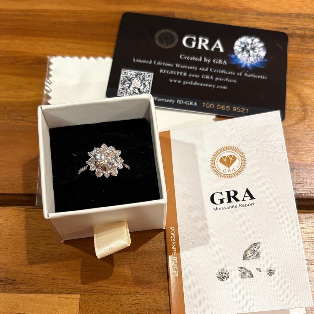 New Sterling Silver Moissanite Flower Ring 8.5